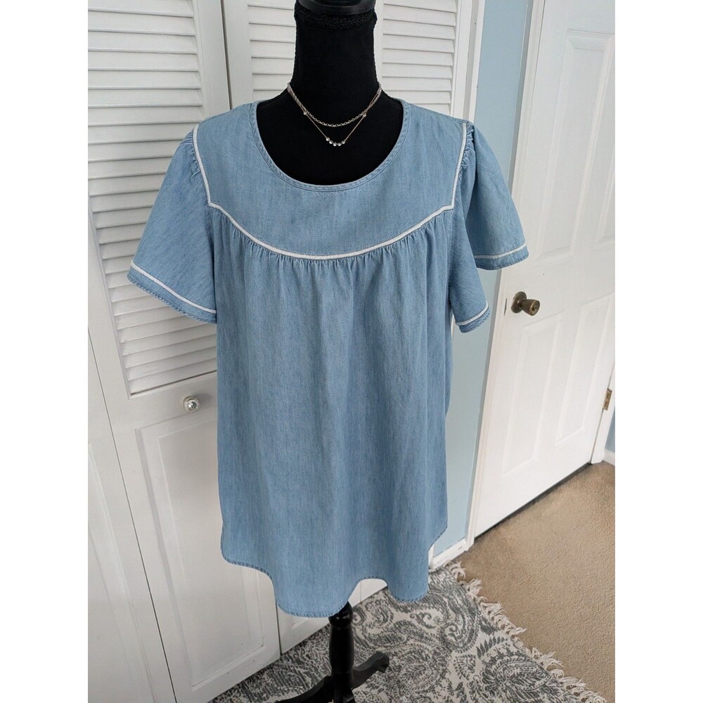 Lane Bryant Denim Blouse Womens 18 Blue Cotton Bell Sleeve Cowgirl Peasant West